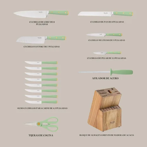 Miniatura 3 de Martha Stewart Juego de 16 cuchillos de cocina Lockton de acero inoxidable de alto carbono con mango forjado triple remachado de ABS, bloque