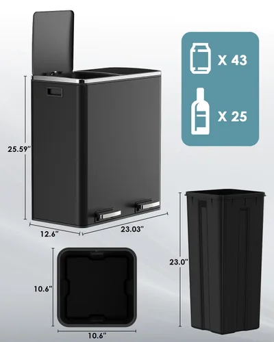 Miniatura 4 de Cubo de basura doble de 60 L (16 galones), cubo de basura de cocina de acero inoxidable, cubo de basura clasificado de doble compartimento, cubo