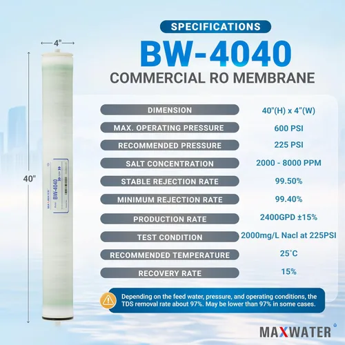 Miniatura 2 de Max Water Elemento de membrana RO de agua salobre -BW-4040 2400 GPD, tamaño de ósmosis inversa comercial de 4 x 40 pulgadas, bueno para uso