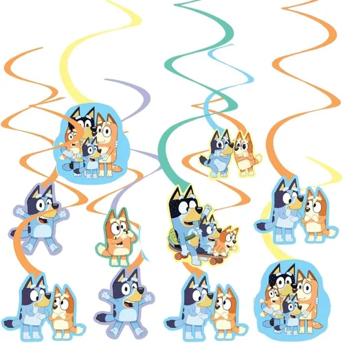 Impresionantes decoraciones en espiral Bluey (paquete de 12) – Decoración colgante de cartulina multicolor – Perfecto para fiestas, eventos y