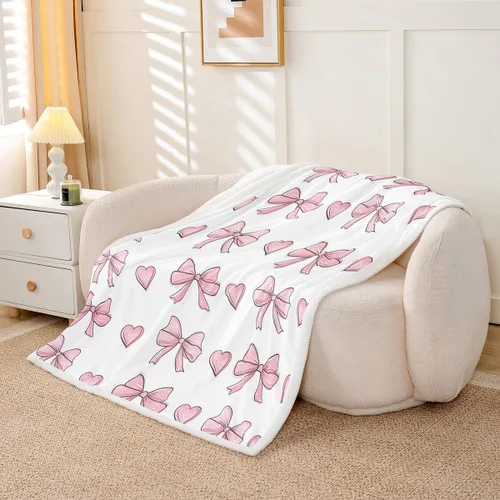 Miniatura 3 de Manta de franela de forro polar con lazos rosados femeninos de 40 x 50 pulgadas, manta mullida de corazones para el día de San Valentín para sofá