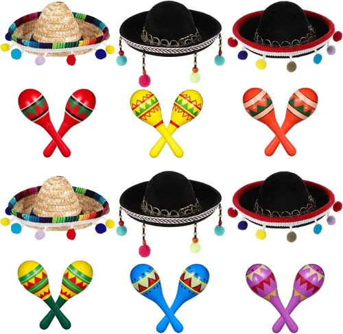 Miniatura 3 de Honoson 12 piezas de madera Fiesta Maracas 6 Cinco de Mayo Mini sombrero superior sombrero para sombrero decoración de fiesta mexicana