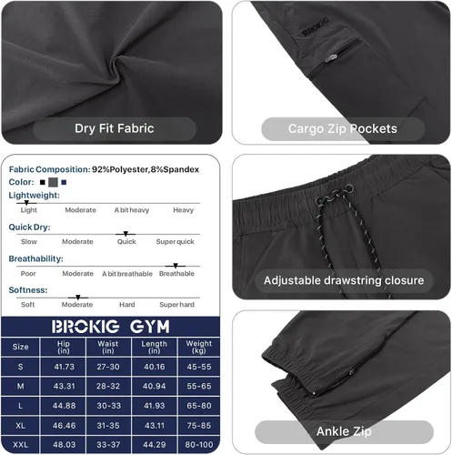 Miniatura 6 de BROKIG Pantalones deportivos ligeros para hombre, con bolsillos con cremallera, ajustados, atléticos, senderismo, gimnasio, atletismo, pantalones
