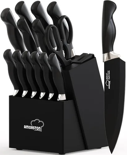 Juego de Cuchillos, Amorston 15 Piezas Juego de Cuchillos para Cocina con Bloque, Apto para Lavavajillas Juego de Cuchillos de Cocina con Bloque
