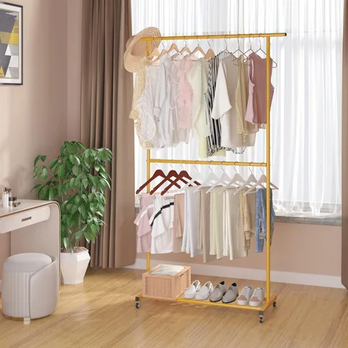 Miniatura 2 de Sywhitta Estante de ropa de doble barra, organizador de ropa con ruedas para colgar ropa, fácil de montar, ajustable, dorado