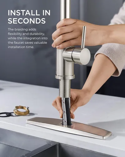 Miniatura 7 de FORIOUS Grifo de cocina con rociador desplegable, níquel cepillado, arco alto, moderno, clásico, grifo de fregadero de acero inoxidable con placa