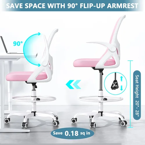Miniatura 7 de Kensaker Silla de Dibujo Alta con Anillo Reposapiés para el Hogar y el Trabajo, Silla Ergonómica de Escritorio de Oficina para el Hogar con Brazos