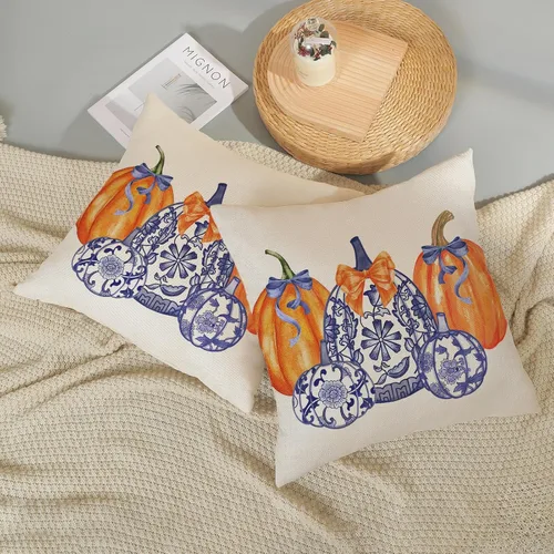 Miniatura 6 de Juego de 2 fundas de almohada de otoño de 16 x 16 pulgadas, diseño de calabaza azul y naranja, decoración de Acción de Gracias, decoración de otoño