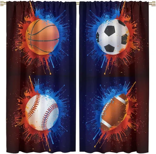 Miniatura 21 de Cortinas deportivas de baloncesto para niños, patrón de llama de bola 3D naranja, 42 pulgadas de ancho x 45 pulgadas de largo