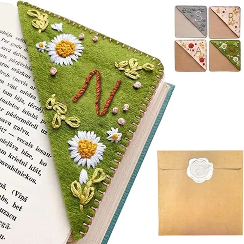 Miniatura 27 de Marcapáginas de esquina bordado a mano personalizado, 26 letras con costura a mano de fieltro, marcapáginas de esquina con bordado de flores lindo