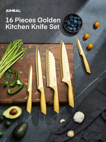 Miniatura 6 de Aiheal Juego de cuchillos de cocina, 16 piezas de acero inoxidable de alto carbono de color dorado, hoja con revestimiento de titanio, cuchillería