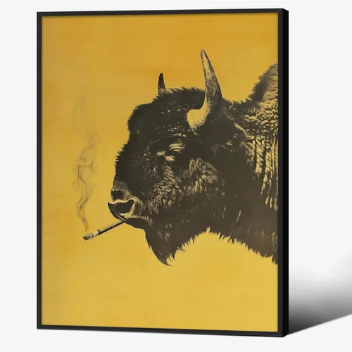 Black Framed Vintage Bison Smoking a Cigarette Poster Funny Animal Buffalo Wall Art Whimsical Print Cabin Wall Decor Outdoor Sports Hunter Gift for