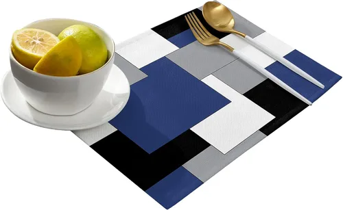 Miniatura 2 de Juego de 4 manteles individuales geométricos abstractos para comedor, mesa de comedor, color azul de mediados de siglo, nórdico, lavables