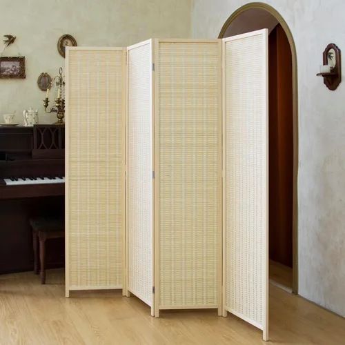 Miniatura 6 de Divisor de habitación de bambú de 3 paneles, pantalla de privacidad plegable beige de 5.6 pies de alto, pared de división independiente de doble