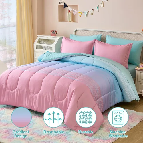 Miniatura 38 de Dinjoy Juego de edredón para niñas, tamaño individual, colorido, azul, rosa, morado, arcoíris, juego de ropa de cama de 6 piezas en una bolsa