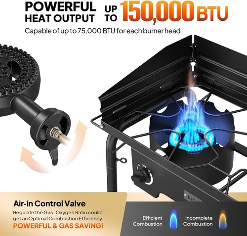 Miniatura 2 de ROVSUN Estufa de gas de propano portátil para exteriores con 2 quemadores, 150,000 BTU de alta presión, estufa de pie para cocinar en el patio