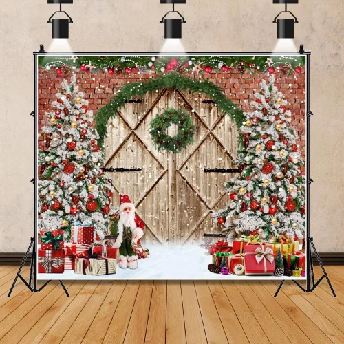 Miniatura 4 de Telón de fondo de Navidad de invierno de 10 x 8 pies, puerta rústica de madera de granero, ladrillo rojo, Papá Noel, fondo de fotografía, árbol