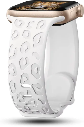 CreateGreat Bandas Grabadas Compatibles con Apple Watch de 40mm 41mm 38mm 42mm 44mm 45mm 46mm 49mm, Correa de Silicona Suave con Patrón de Leopardo