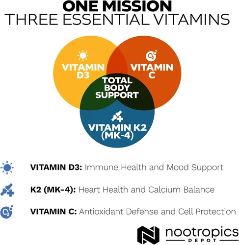 Miniatura 5 de Nootropics Depot Vitamina D3 + K2 con tabletas de vitamina C 60 unidades Colecalciferol + Menaquinona-4 (MK-4) Salud del estado de ánimo