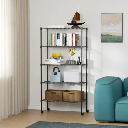 Miniatura 2 de FDW Estantes de almacenamiento ajustables, unidad de estantería de alambre de 5 niveles, estantes de metal resistente con ruedas, 14 pulgadas