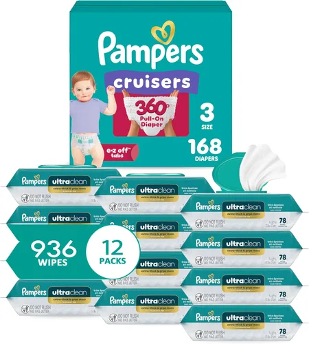 Pampers Pull On Cruisers - Pañales desechables para bebé, ajuste de 360°, talla 3, suministro de un mes (168 unidades) con toallitas para bebé