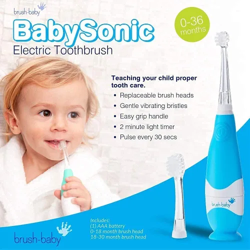 Miniatura 2 de Brush-Baby - Cepillo de dientes eléctrico BabySonic Azul, 0-36 meses - Cepillo suave y suavemente vibrante para encías sensibles y dientes nuevos
