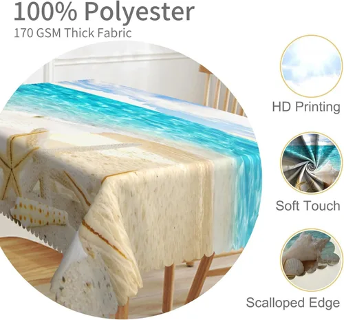 Miniatura 3 de Mantel oblongo, diseño de playa de 52 x 70 pulgadas, diseño de playa con estrellas de mar y olas de mar, con decoración impermeable y resistente a
