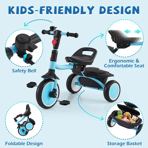Miniatura 3 de Triciclo para niños pequeños, triciclo para niños con campana, triciclo plegable para niños de 18 meses a 5 años, triciclo de bebé con asiento Azul