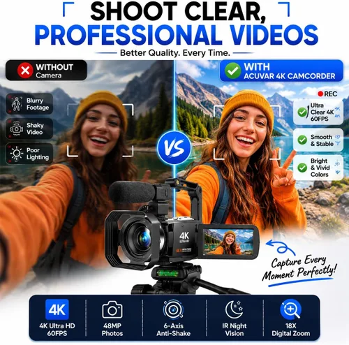Miniatura 4 de Acuvar Videocámara 4K 60FPS 48MP con WiFi, zoom 18X, pantalla abatible, micrófono externo, estabilizador y trípode, kit de cámara de vlogging con 2
