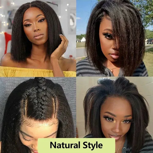 Miniatura 5 de QUINLUX - Pelucas de cabello humano corto estilo Bob italiano Yaki de 13 x 6 pulgadas con encaje frontal para mujeres negras, densidad 150, pelucas