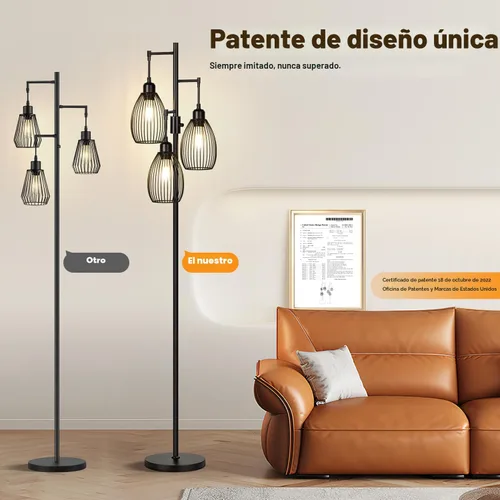 Miniatura 7 de Lámpara de pie regulable, 3 bombillas LED Edison de 800LM incluidas, lámpara de pie industrial de granja lámpara de árbol de pie con elegante jaula