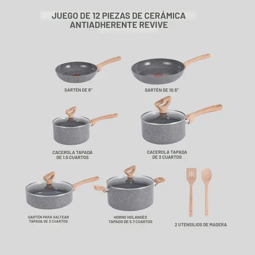 Miniatura 2 de Juegos de utensilios de cocina T-fal Revive de cerámica, juego de ollas y sartenes antiadherentes, (12 piezas), recubierto de cerámica Gris Stone