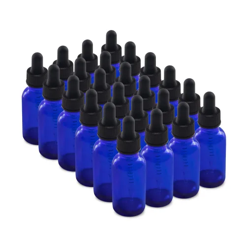 The Bottle Depot - Paquete de 24 - Botella de vidrio de 1 oz con cuentagotas - Azul - Acabado de cuello 20-400 - Botellas redondas Boston -