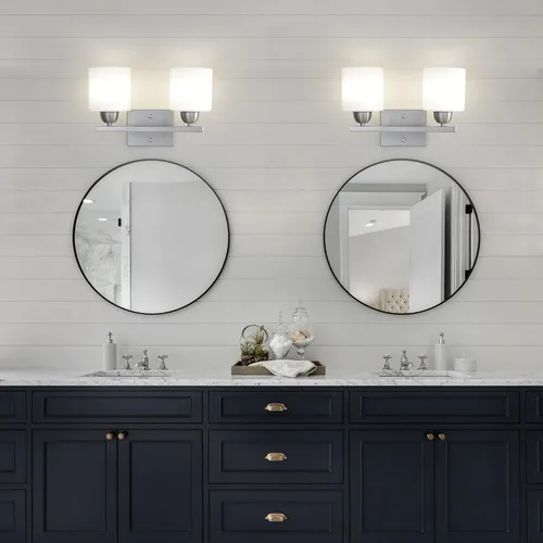 Miniatura 2 de Mecgirn Luces de tocador de vidrio de leche de acero inoxidable para baño, 2 lámparas de baño de níquel cepillado sobre espejo, enchufes E26