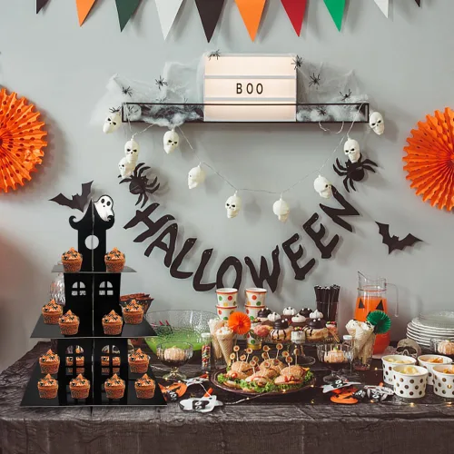 Miniatura 5 de Soporte de 3 niveles para cupcakes de Halloween, castillo de Halloween, soporte redondo de cartón, torre de postre, torre de árbol de postre