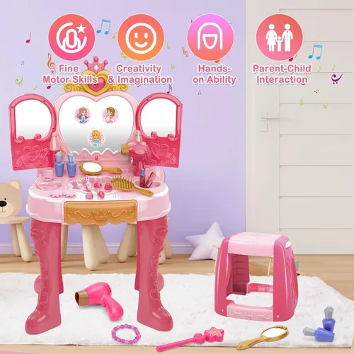 Miniatura 2 de deAO - Juego de tocador de maquillaje para niños pequeños con espejo y silla, juego de tocador para niños con luces, juguete de maquillaje