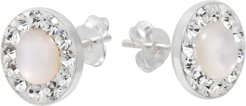 Miniatura 2 de Pendientes de plata de ley con marco de cristal de nácar redondo brillante, Cristal Nácar Cristal