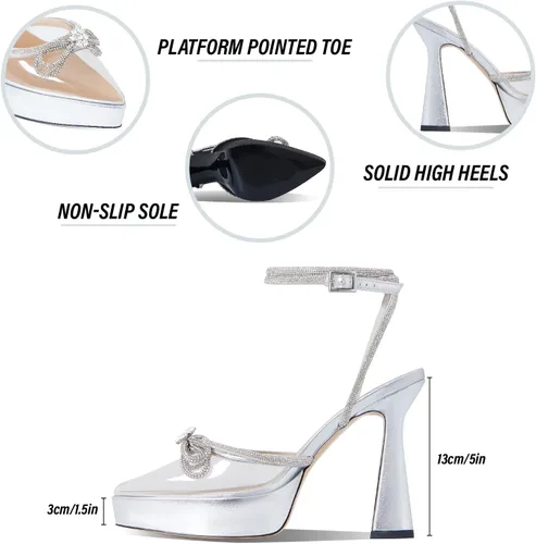 Miniatura 4 de Goiphrri Platform Ankle Strap High Heeled Lace Up Pumps Sandals Ankle Buckle Straps Pump Rhinestone Stilettos Bowknots Wedding Sandals
