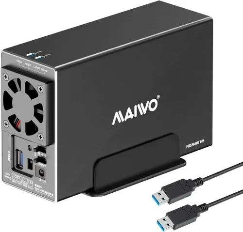 MAIWO Caja RAID de disco duro de doble bahía con ventilador de refrigeración para 2.5/3.5 pulgadas SATA SSD/HDD, caja de disco duro USB 3.0 de 5