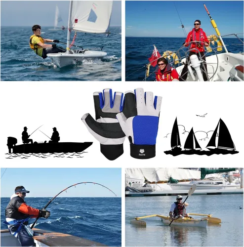 Miniatura 5 de FitsT4 Sports Guantes de vela de 3/4 dedos y agarre, ideales para vela, yate, remo, kayak, pesca, deportes acuáticos para hombres y mujeres Azul