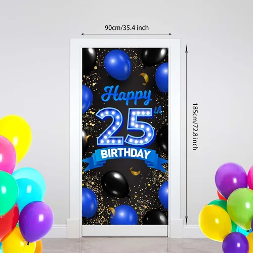 Miniatura 2 de Cartel de feliz cumpleaños 25 color azul y negro, decoración temática de globos de confeti para mujeres de 25 años, suministros de cumpleaños