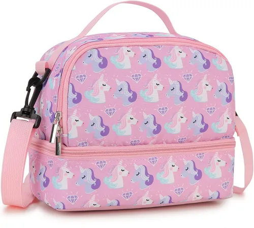 Miniatura 8 de Bolsa de almuerzo para niños, lonchera aislada, bonita bolsa térmica con doble compartimento y correa de hombro extraíble, tiburón azul VONXURY