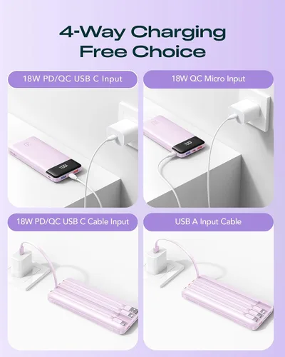 Miniatura 8 de Orfeika Banco de Energía 20000mAh de Carga Rápida, Cargador Portátil con 4 Cables Integrados y 6 Salidas, Paquete de Batería USB C PD de 20W Lavanda