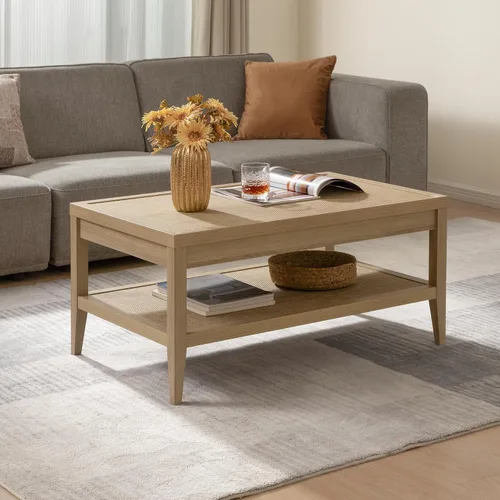 Miniatura 7 de SICOTAS - Mesa de café de ratán para sala de estar - Mesa central de comedor rectangular de estilo bohemio con estante de almacenamiento de ratán