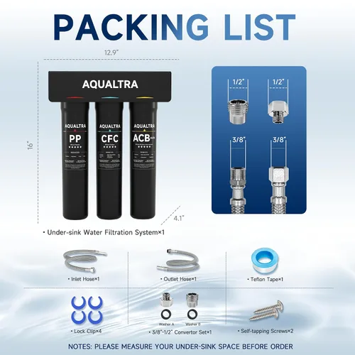 Miniatura 9 de AQUALTRA USF-3B-15 Sistema de filtro de agua ligeramente alcalino para debajo del fregadero, 8K-40K Gal, reduce PFOA, PFOS, cloro, plomo, mercurio