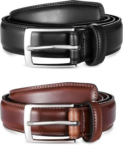 Miniatura 2 de MILORDE Cinturón de vestir de cuero para hombre, 2 unidades, hecho a mano, cuero genuino, diseños clásicos y modernos para el trabajo, negocios