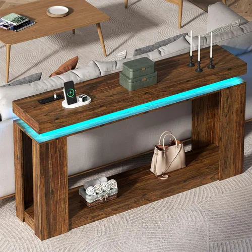 Miniatura 3 de Loomie - Mesa de consola larga de 63" con luces LED y toma de corriente, mesa de sofá de estilo granja de 2 niveles detrás del sofá