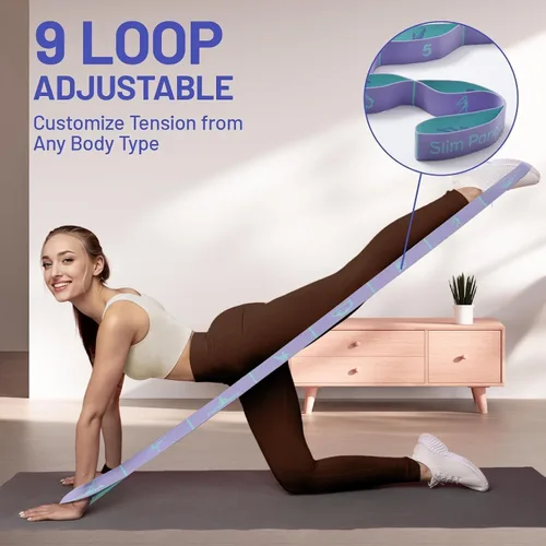 Miniatura 4 de Slim Panda Correa elástica, flexibilidad, bandas elásticas de baile, correa elástica de yoga con 9 bucles para terapia física, pilates, yoga, Púrpura