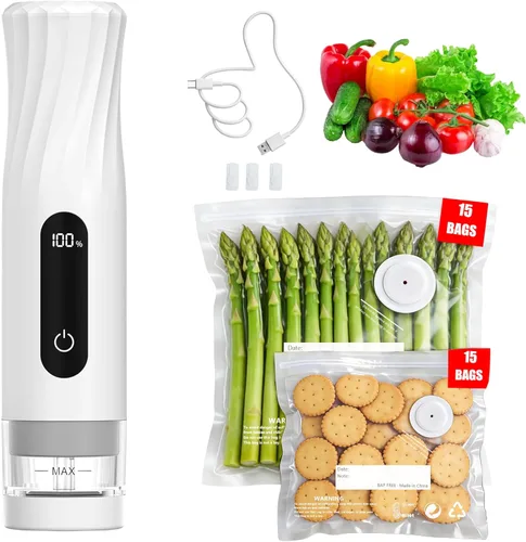 Sellador al vacío compacto para almacenamiento de alimentos: sellador portátil de alimentos de mano, succión de 80 kPa, batería de 1800 mAh, 30