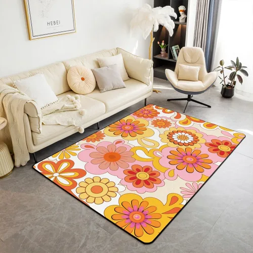 Miniatura 12 de Erosebridal Alfombra de área con tema Groovy de los 70 para sala de estar y dormitorio, alfombra retro con símbolo de paz antideslizante, alfombra